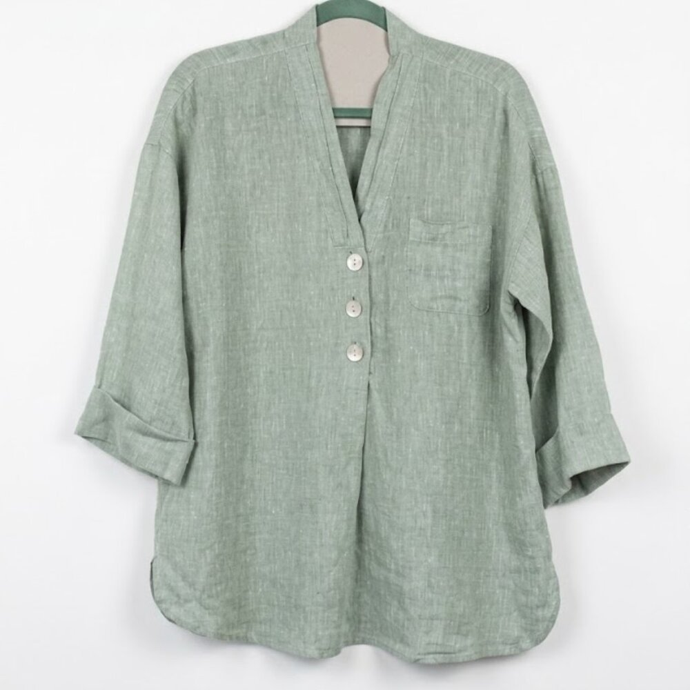 Pure Jill J. Jill 100% Linen Sage Green V-Neck Button Tunic Top - Small